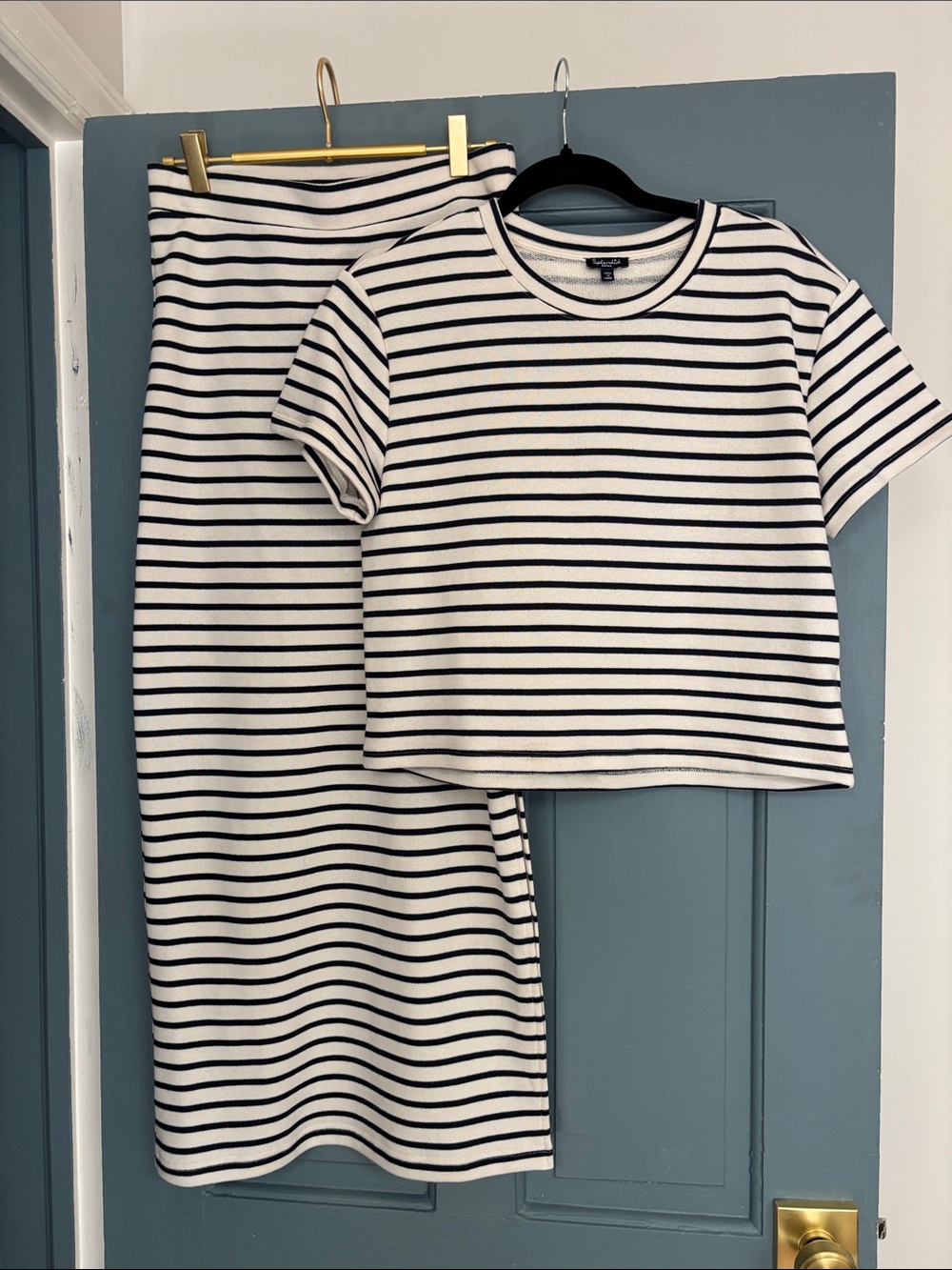 Splendid Black and White Stripe Short Sleeve Skirt set